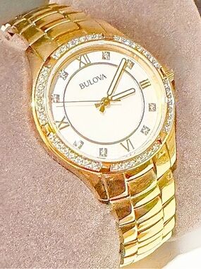 Bulova Gold-Tone Women's Crystal Bezel Bracelet Watch with White Dial